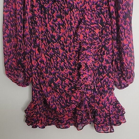 Express Abstract Print Faux Wrap Ruffle Mini Dress Small Red Black Purple - Picture 6 of 16